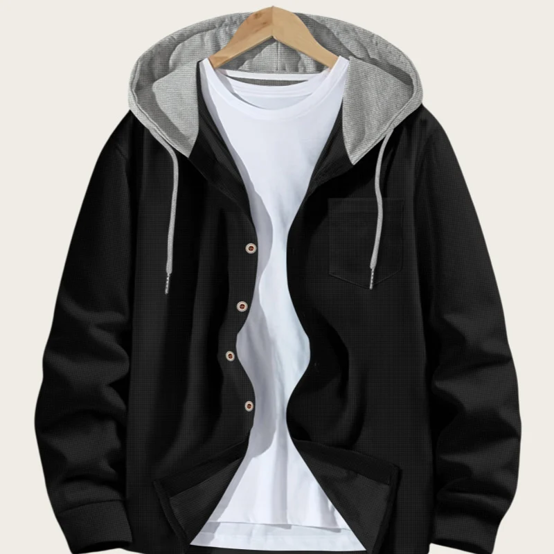 Korean Waffle Hooded Cardigans for Men Spring Autumn Contrast Color Single Breasted Hoodies Breathable Casual Lightweight Jacket