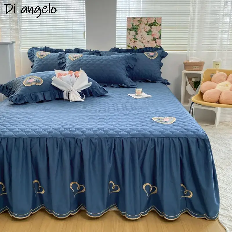 

Синее хлопковое стеганое покрывало в европейском стиле с вышивкой, простыня, юбка для кровати, наволочка, одеяло, покрывало для кровати, 1-3 шт., бесплатная доставка #/