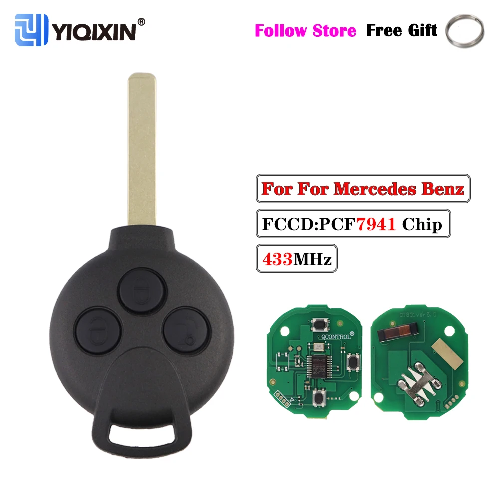 YIQIXIN 3 Button Remote Car Key For Mercedes Benz Smart Fortwo 451 2007-2013 City Roadster Cabrio Coupe 433Mhz ID46 PCF7941 Chip