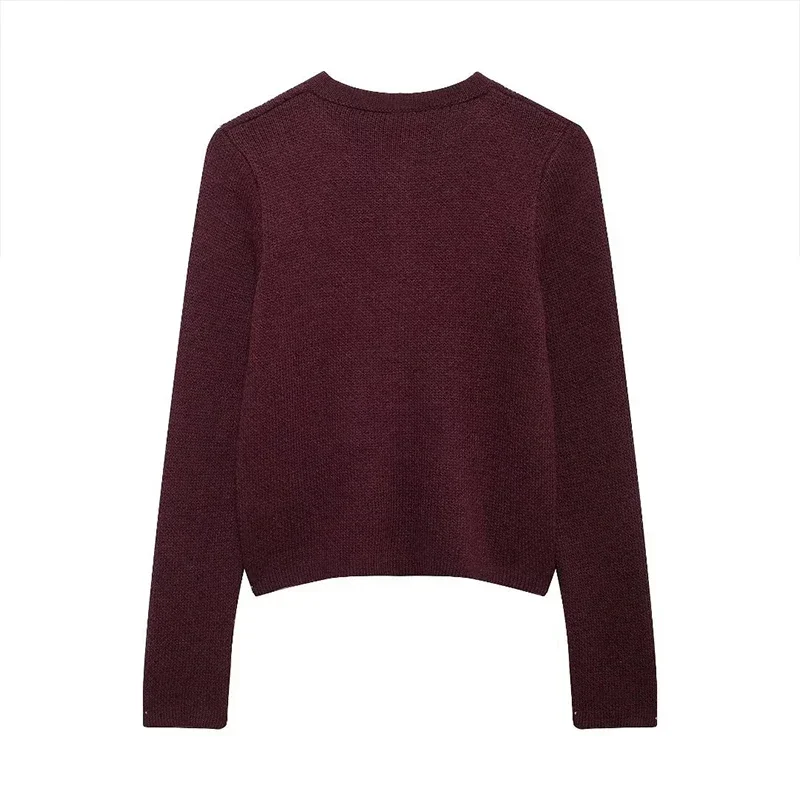 Autumn Knit Burgundy Women's Cardigans O-neck Single-breasted Long Sleeve Pocket Top Autumn Winter Lady All-match Knitwear