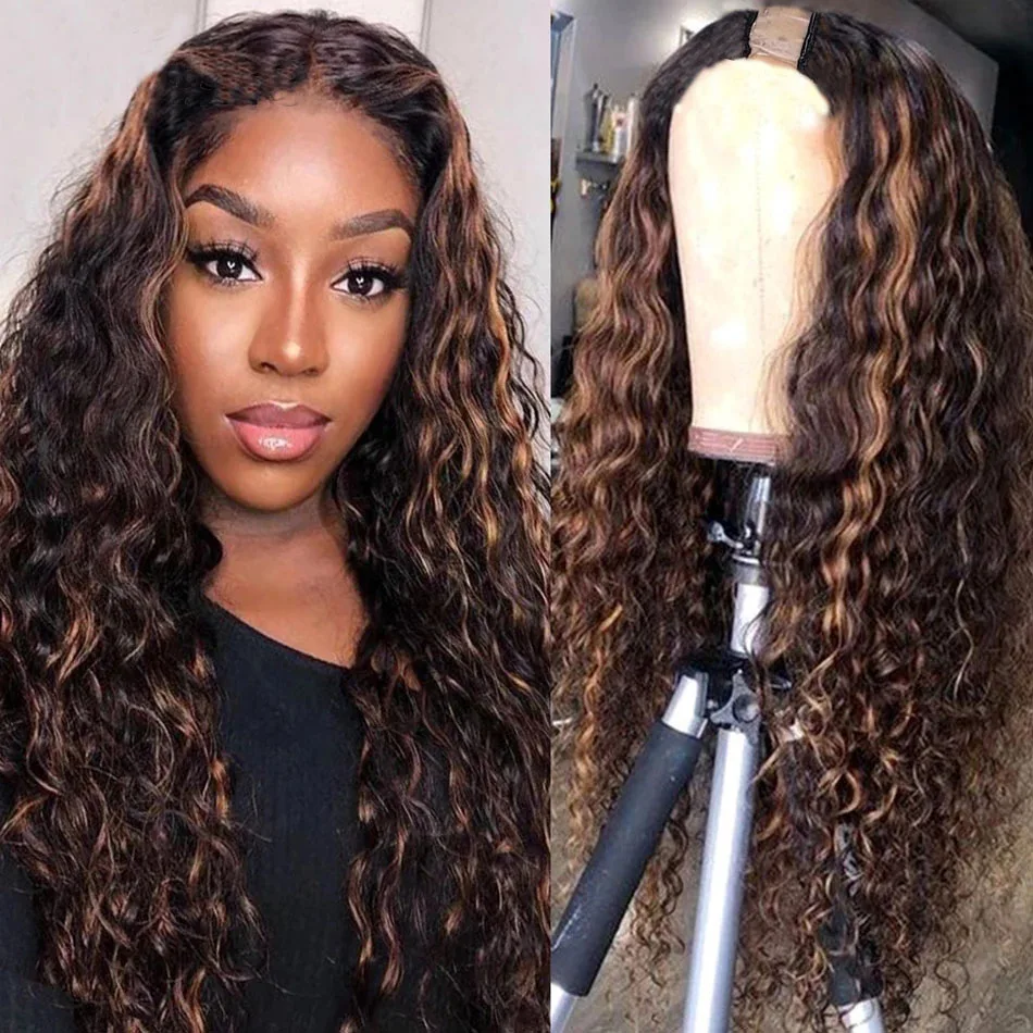 Highlight Dark Chocolate Brown Bouncy Curly V Part Wigs Unprocesse 100% Human Hair Glueless Ombre Blonde Water Wave Full U Shape