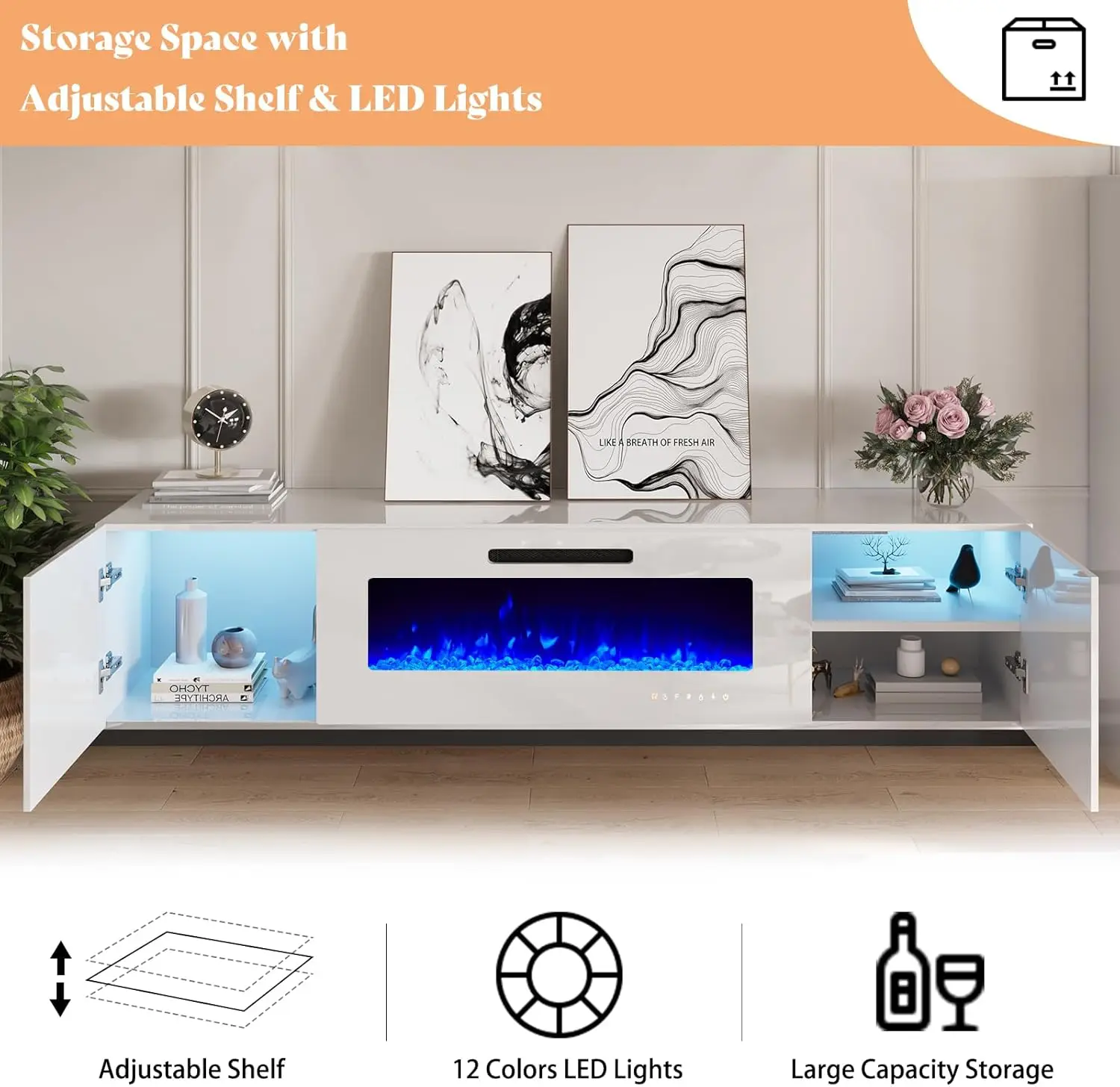 Floating Fireplace TV Stand Wall-mounted Mirror with 40-inch Electric Fireplace Modern LED Lights Media Console All White 5
