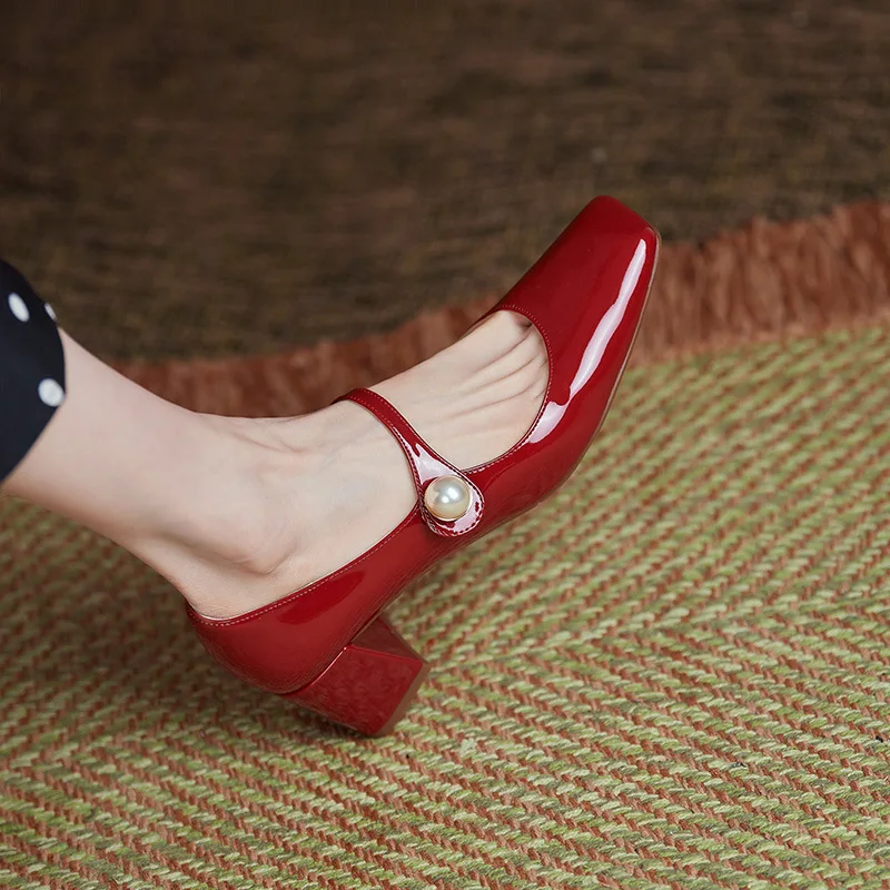 Shoes for Women2023New Elegant Woman Heels Shoe Mary Jane Shoe Patent Leather Square Head Thick Heel Shoe Red Party Wedding Shoe 2