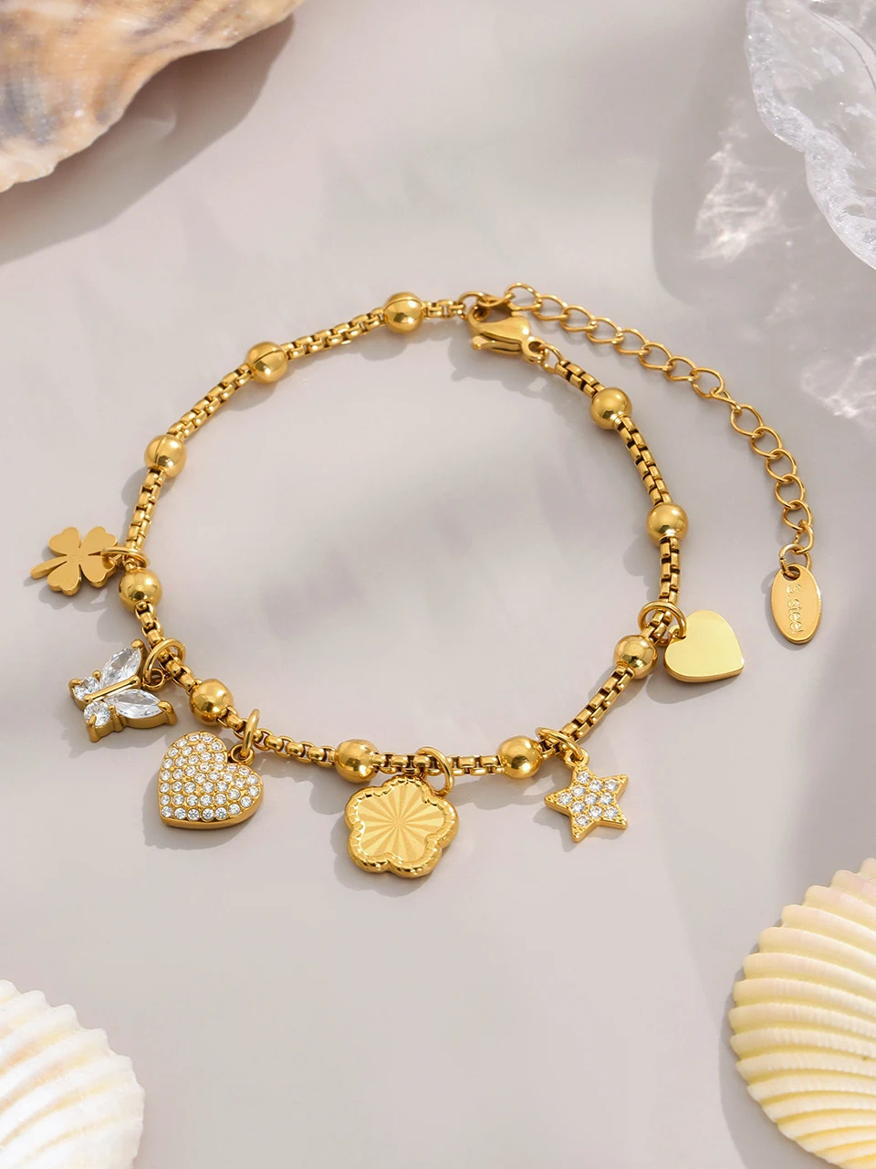 Edelstahl-Kettenhalskette, passendes Armband für Frauen, 18 Karat vergoldet, süße Charms-Halsketten, Armbänder, Schmuckset für Damen – Detail 24