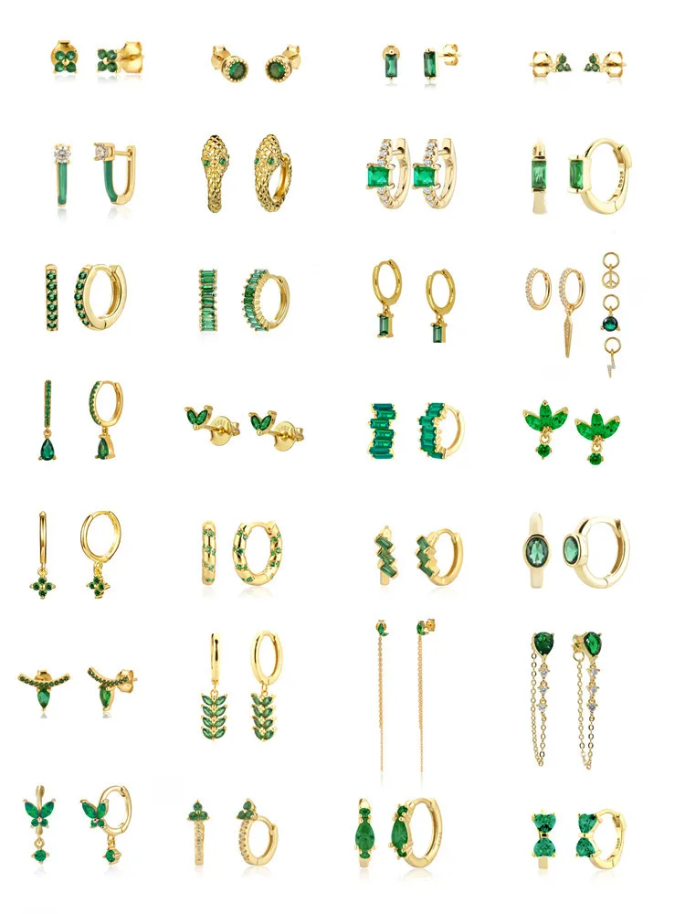 CCFJOYAS Green color Zircon Small Hoop Earrings  for Women 925 Sterling Silver Green Gold Hoop Earrings New Arrival 2021