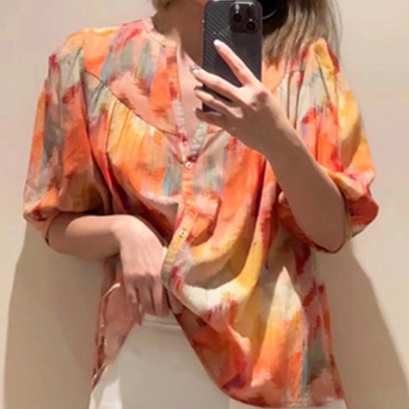 

2023 summer new women's clothing Neon Multicolor V-Neck Pleated Dress/Skirt/Blouse