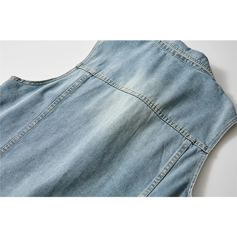 New Unisex Trend Denim Vests Hong Kong Style Casual Fashion Light Blue Lapel Button Denim Sleeveless Tops  Men & Women All