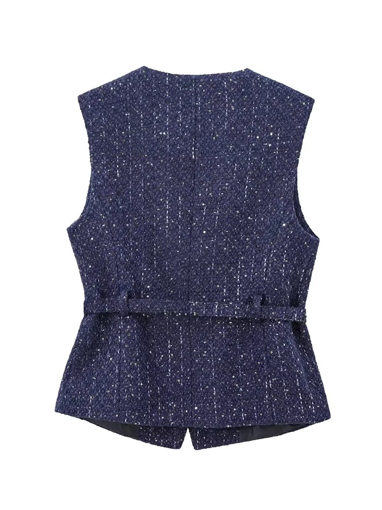 Women Sequin Blue Vest New Fashion With Belt Vests for Women 2024 Autumn Sleeveless Coat Streetwear Chic Waistcoat Tops