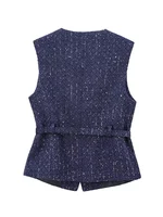 Women Sequin Blue Vest New Fashion With Belt Vests for Women 2024 Autumn Sleeveless Coat Streetwear Chic Waistcoat Tops - Image 6