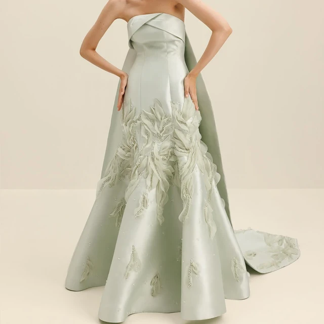 Customized Customized  Exquisite Lace And Sequined Mermaid Green Satin Evening Dress Strapless Sweep Train Sleeveless Zipper Bac 1