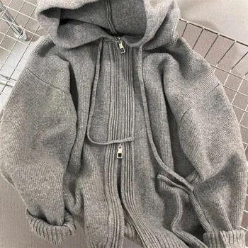Oupilladt-Pull à capuche gris coréen pour femme, sweat à capuche double fermeture éclair épaissi, printemps, automne, hiver, extérieur