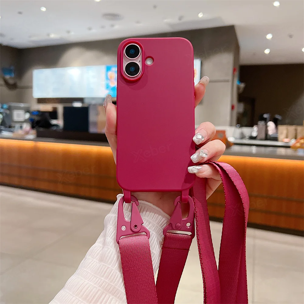 Étui de téléphone en silicone mat avec lanière large et collier bandoulière pour iPhone 16 15 14 Pro Max 13 12 11 XR XS MAX Housse mate antichoc_voghion.com