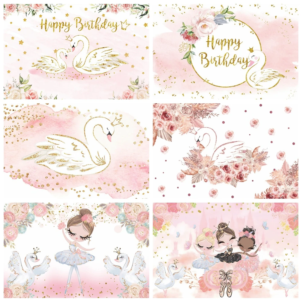 Pink Swan Princess Crown Photography Fondale Swan Ballet Dancer Butterfly Flower Baby Girl Birthday Party Photo Background Deco