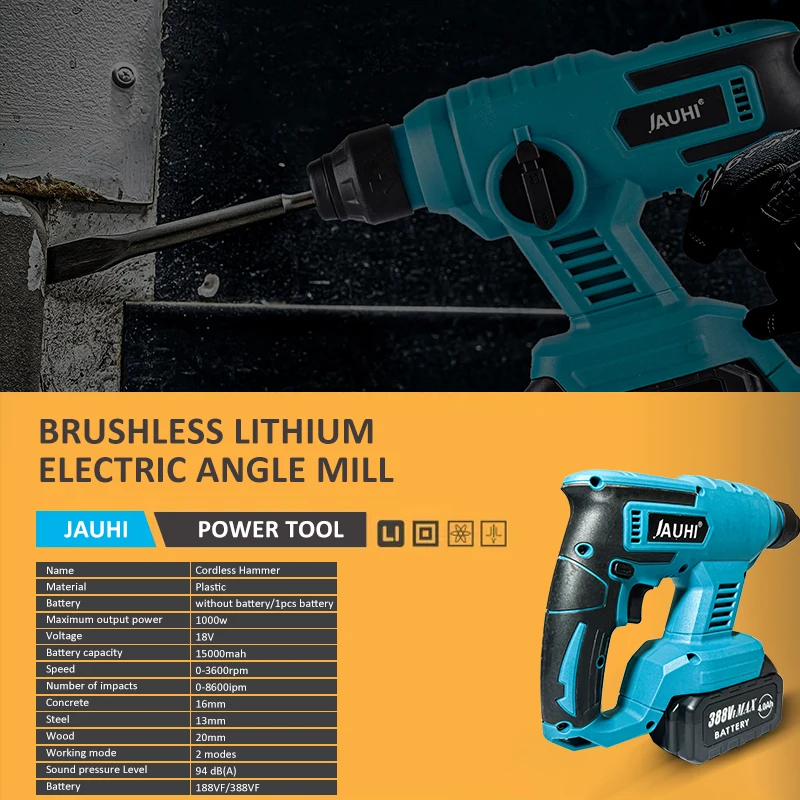 JAUHI 1000W Cordless 3600rpm Electric Rotary Hammer Rechargeable 8600ipm Electric Hammer Drill For Makita 18V Battery 2