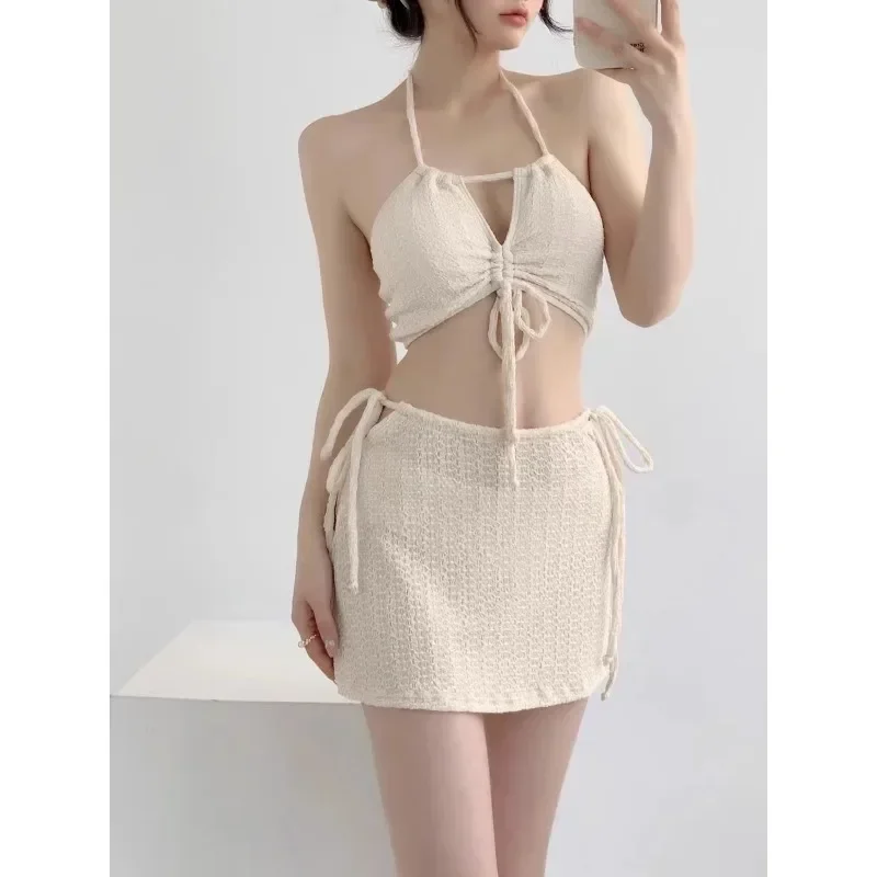 

Swimsuit Female 2023 New Summer Split Bikini Small Chest Gathered Sexy Off White Drawstring Bow Three-piece Beach Swimming Suit
