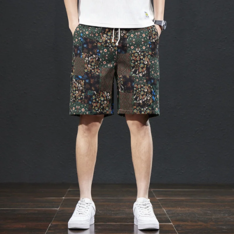 Beach pants men's summer thin ethnic style printed capris, trendy loose, elastic, breathable BOY's shorts 6