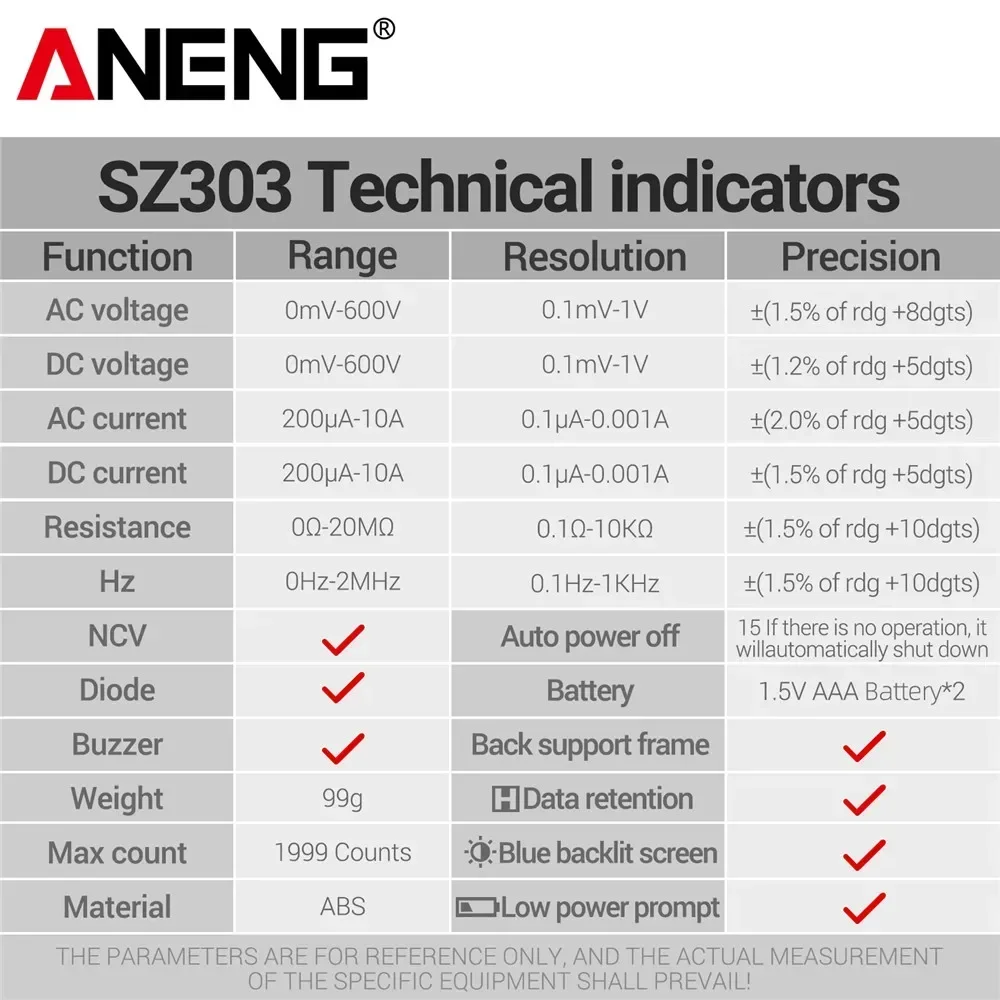 ANENG SZ303 1999 Count Digital Multimeter AC/DC Voltage Current Resistance High Precision Professional Electrical Tester Tools digital multimeter multimeter tester analog multimeter