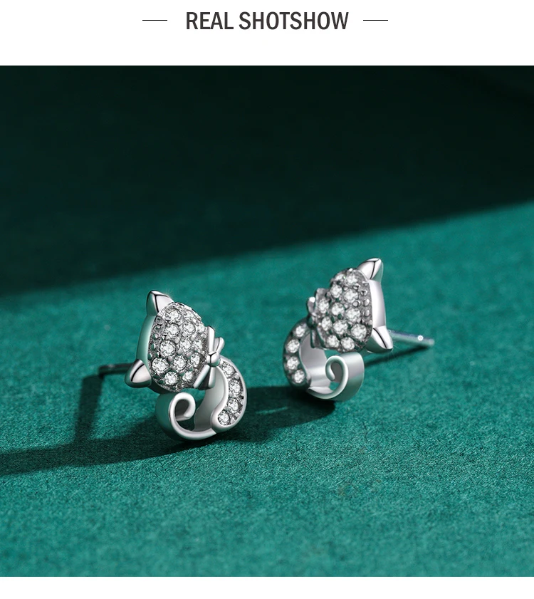 Sterling Silver Cute Cat Stud Earrings Charm Dazzling CZ Animal Earrings For Women Statement Fine Silver Jewelry - PeticaDeals