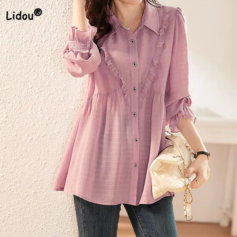 Korean Ruched Spliced Solid Color Casual Shirt Spring Women's Clothing Simplicity Single-breasted Polo-Neck Blouse for Female
