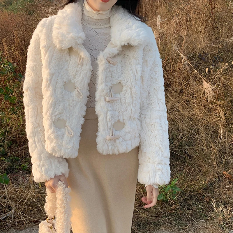 

Elegant Winter Plush Jacket Women Warm Kawaii Korean Fashion Office Ladies Coat All-Match Vintage Harajuku Girls Cardigan 2023