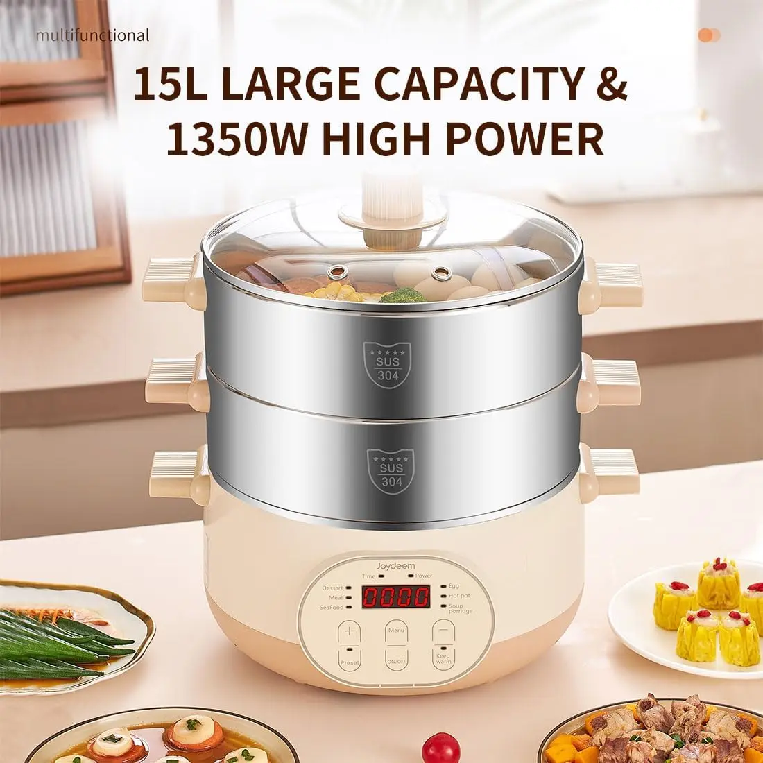 Electric Food Steamer for Cooking, 2-Tier Stainless Steel Vegetable & Food Steamers, 15L Large Capacity, 3