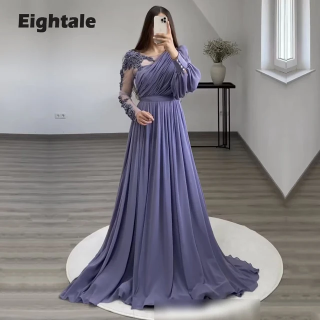 Eightale Arabic Evening Dresses for Wedding Party Long Puffy Sleeves Beaded Green V-Neck Side Split Formal Celebrity Prom Gowns 1