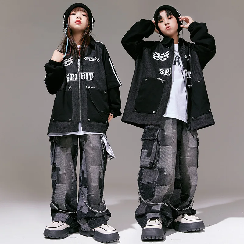 Kids Street Dance Clothing Teenager Hip Hop Dance Costume Loose Black Denim Coat Pants Boys Girls Jazz Drum Show Stage Clothes