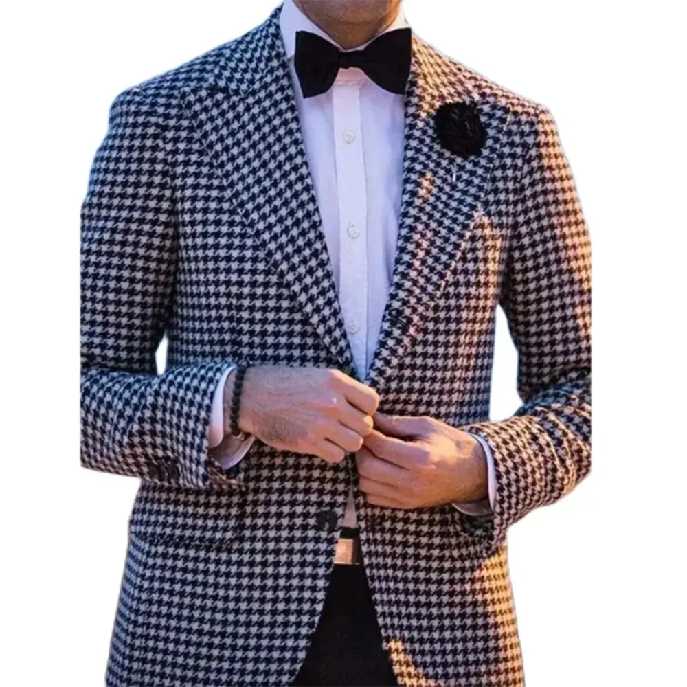 Black and White Checkered Jacket for Men Single Button One Piece Male Outerwear Smart Party Business Gentleman Coat