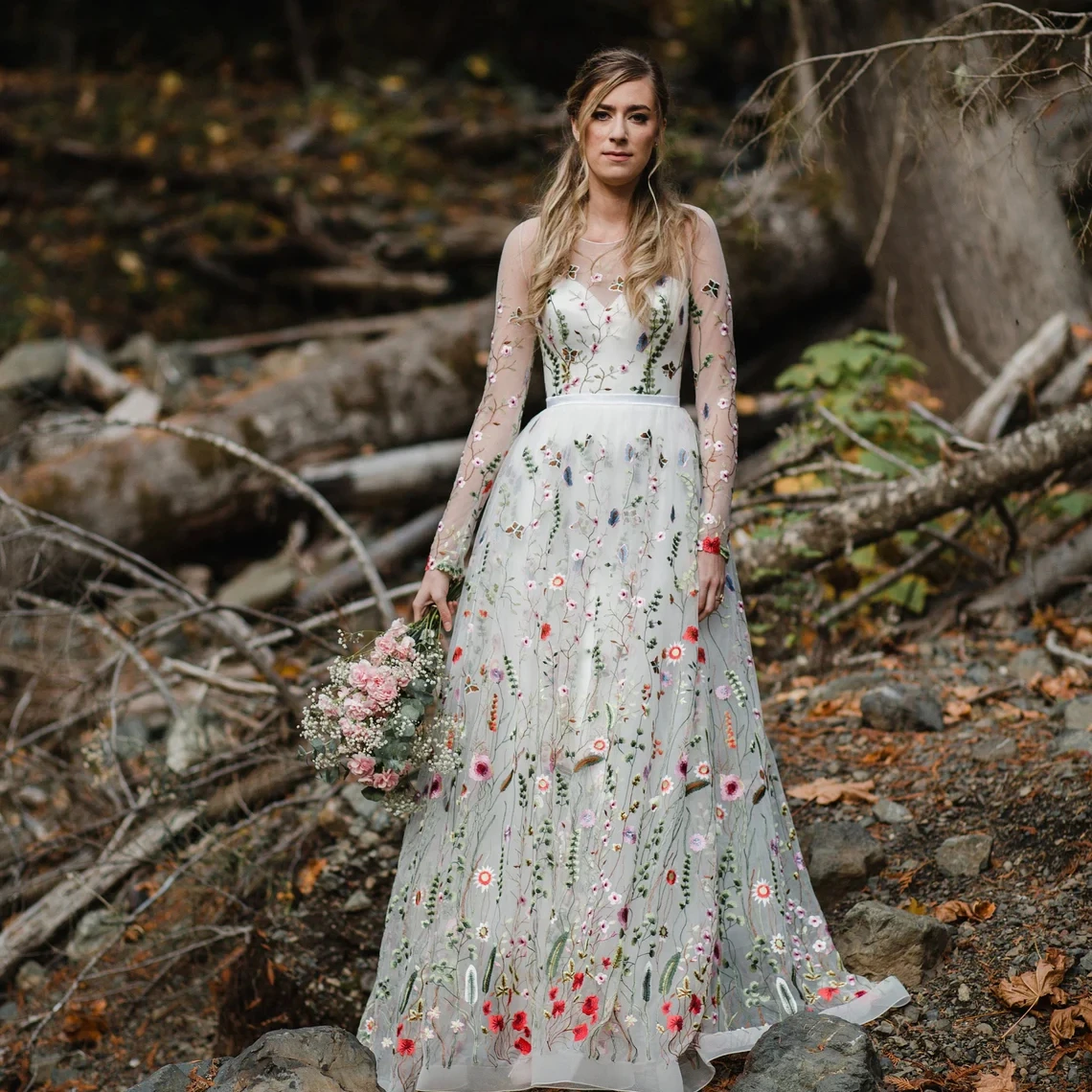 Boho Embroidered Bridal Gown Floral Embroidery Wedding Dresses A