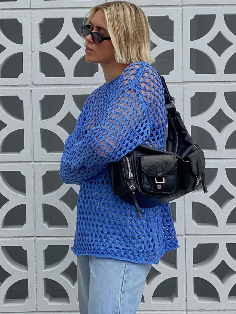 Sexy Hollow Out Knit Cover Up Dress For Women See-Through Loose Beach Holiday Mini Dress Summer Splice Knitwear Cover up