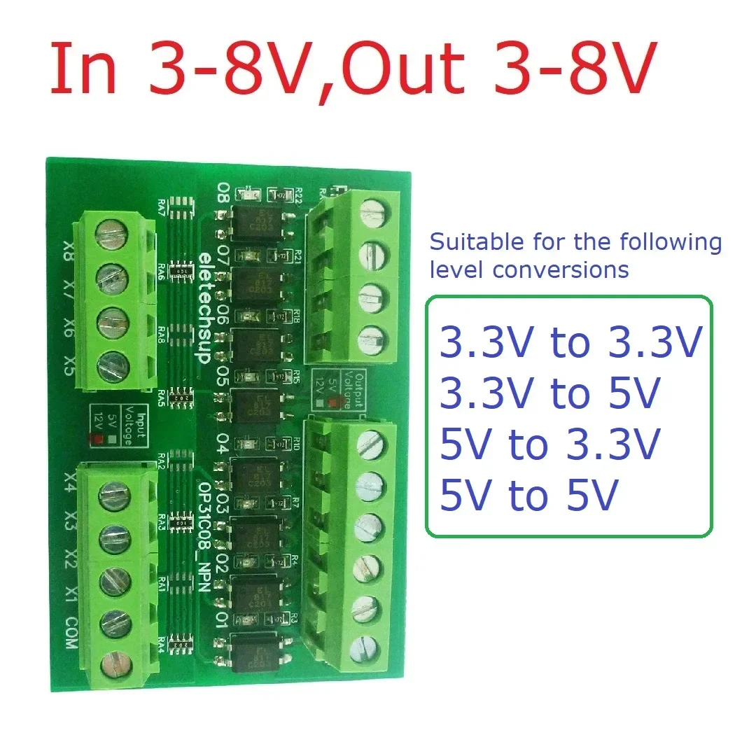 Módulo Convertidor De Nivel 8 Canales 10MHz - Convierte Señales NPN/PNP A 5V /24V, Con Optoacoplador Conversión Señal Onda Cuadrada