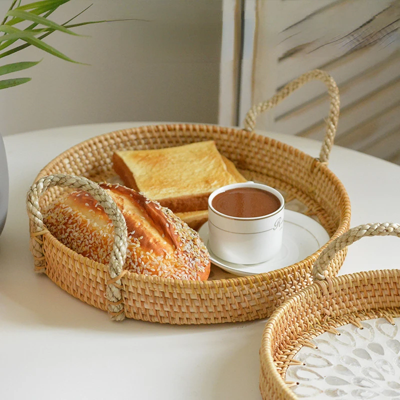 

Rattan Hand-woven Storage Basket Round Hemp Rope Ear Tray Nordic Creative Color Shell Picnic Fruit Plate Decorative Ornaments