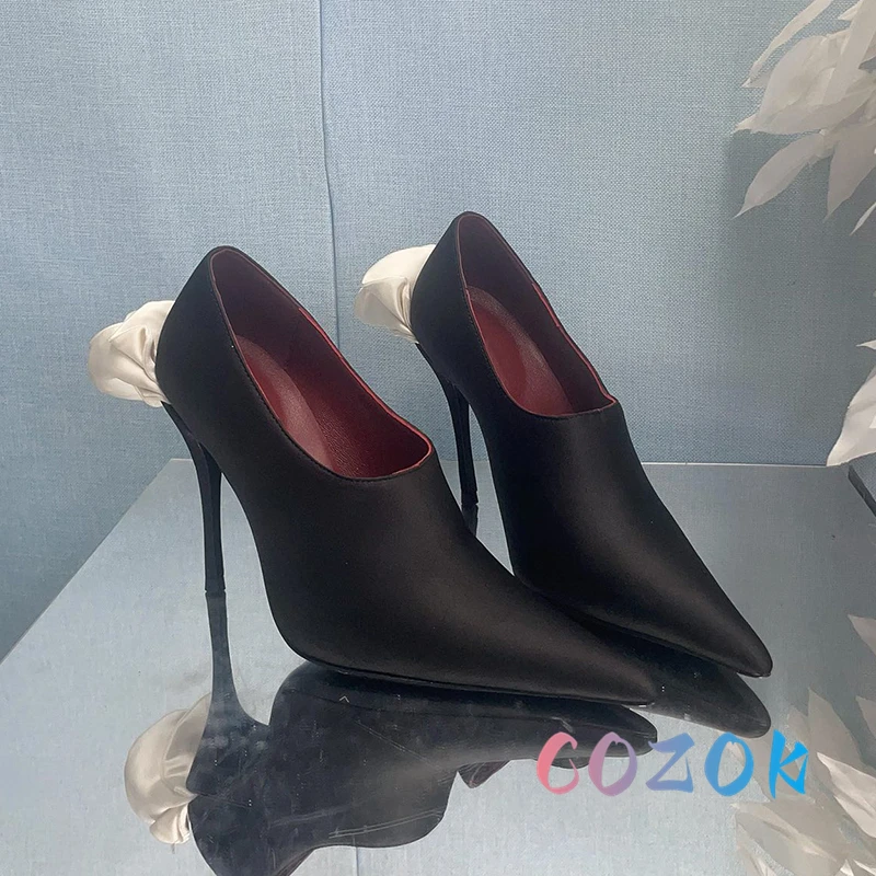 Sexy Black Pointed Toe Flower Decoration High Heels Summer Women's Large Size Dress Shoes Formal Lady Banquet Shoes 4