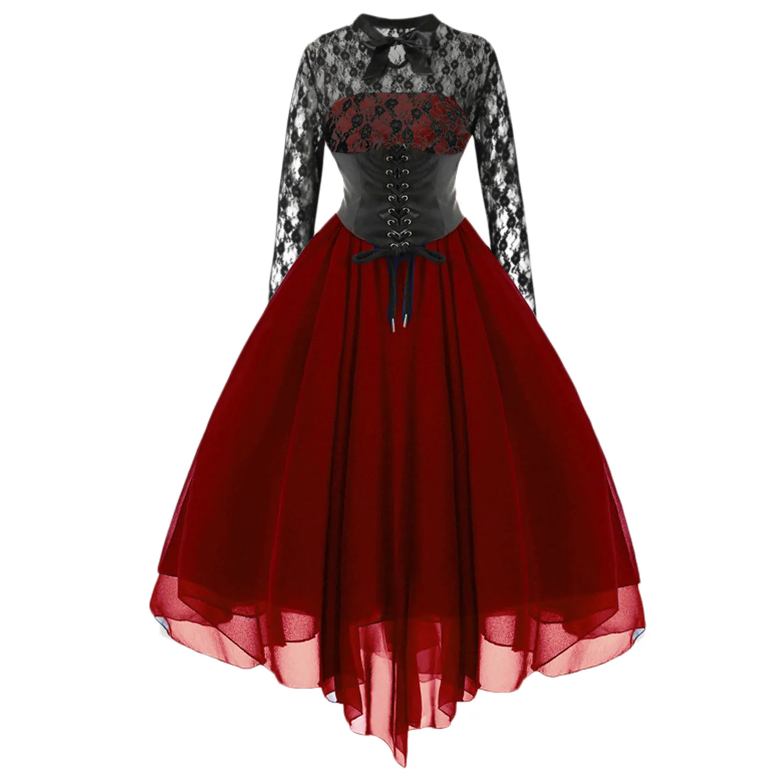 

Gothic Women's Dresses Gothic Dark Vintage Autumn Grunge Lace Patchwork Long Lace Sleeve Corset Dress Punk Evening Party Dress