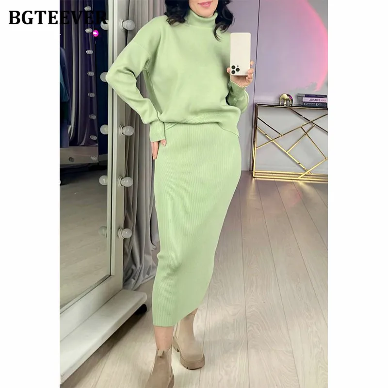 BGTEEVER Casual Loose Female Knitted Skirts Outfits Turtleneck Pullovers Ladies Hip Package Skirts Autumn Winter Sweater Set Wom