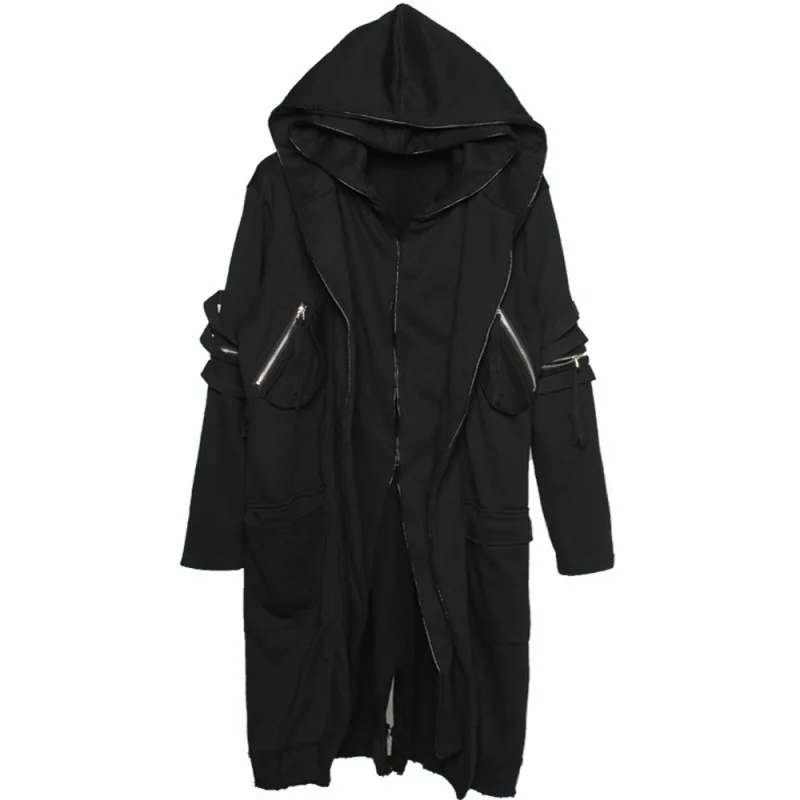 Winter Fake Two Piece Patchwork Punk Hip Hop Trench Coat Long Hooded Cloak Men Techwear Style Gothic Vintage Long Jacket