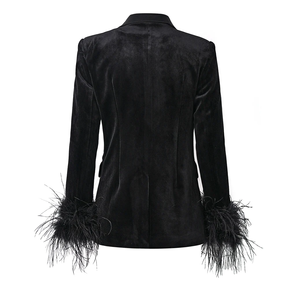 New Autumn Winter Women Black Fluffy Feather Patchwork Fashion Classic Velvet Blazer Quality Jackets 2