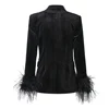 New Autumn Winter Women Black Fluffy Feather Patchwork Fashion Classic Velvet Blazer Quality Jackets 2