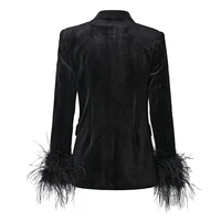 New Autumn Winter Women Black Fluffy Feather Patchwork Fashion Classic Velvet Blazer Quality Jackets 2