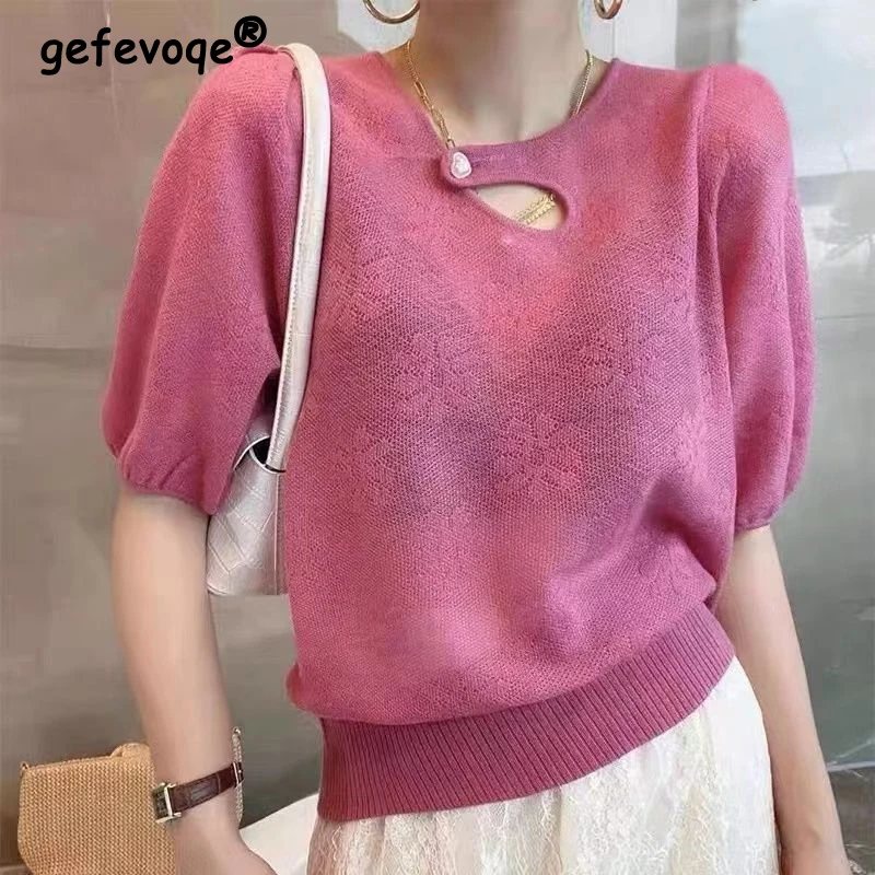 

Women's Summer Sexy Hollow Crochet Chic Elegant Thin Knitwear Fashion Female Simple Casual Solid Short Sleeve Pullover Knit Tops