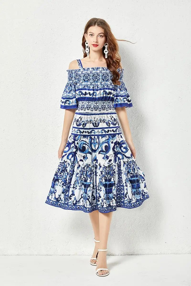 Summer Fashion Runway Midi Dress Women's Cool Shoulder Flare Sleeve Blue and White Porcelain Printing Holiday Beach Vestidos