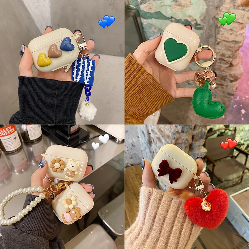 Custodia Per Auricolare Beige Retrò Di Lusso Per Apple Airpods 3 New Cute Love Heart Bow Decor Scatola Per Cuffie Per Airpods 1 2 Pro Portachiavi
