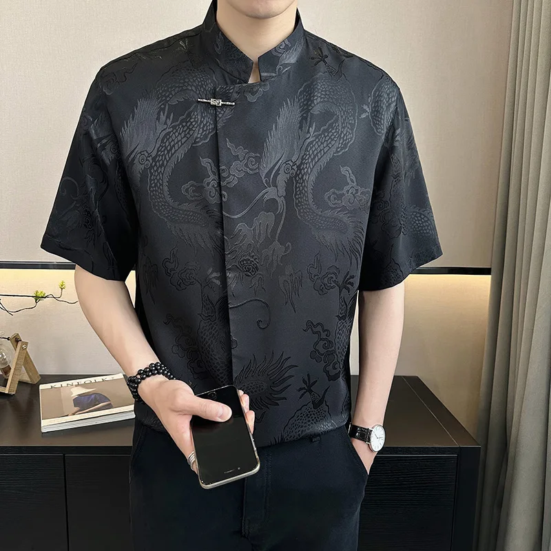 Vintage Harajuku Blouses Men Satin Shirt Dragon Totem Print Streetwear Button Up Short Sleeve Shirts Chinese Style Tops Unisex 4
