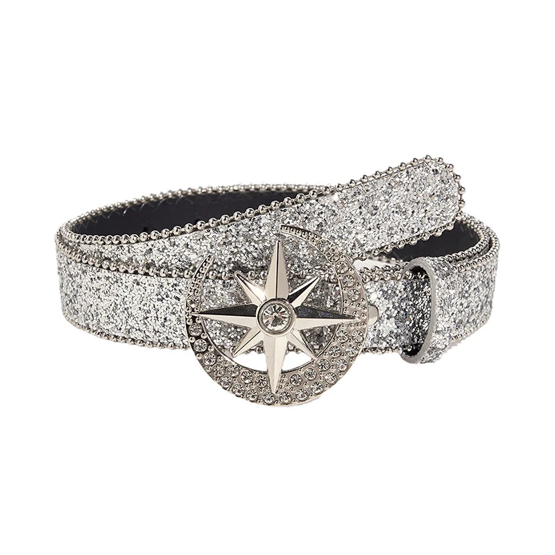 Fashion Rhinestone Buckle Belt For Women Men Y2k Bling Sequin Punk Metal Buckle Waist Strap Shiny PU Leather Waistband