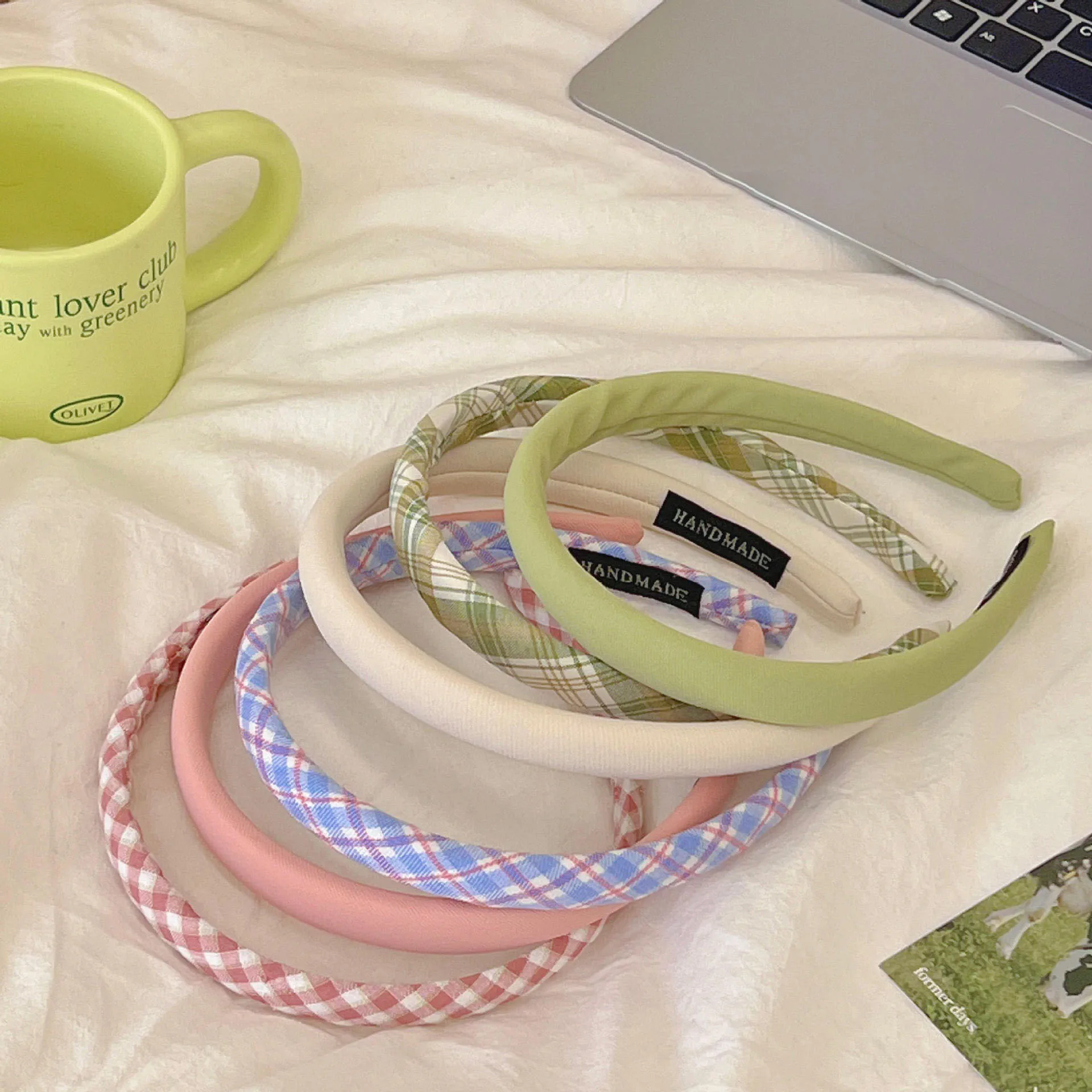 2PCS Spring & Summer Sweet Versatile Solid & Plaid Fabric Padded High-Crown Women’s Thin Headband 3
