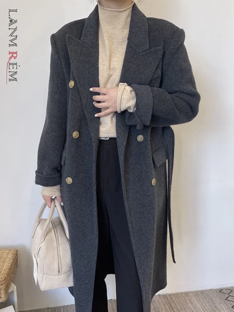 

LANMREM Winter Woolen Mid Long Coat Women Notched Collar Belt Double Breasted Solid Color Clothing 2023 Fashion New 2AA2050