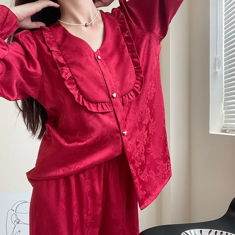 

Burgundy Jacquard Women Pajamas Set Sleepwear Spring Autumn Long Sleeve Nightwear Pijamas Suit Loose Satin Home Wear Loungewear