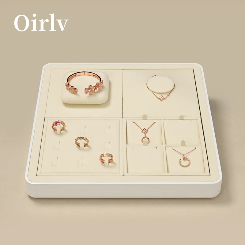 Oirlv Jewelry Display Trays Velvet Jewelry Tray Beige Display Trays Earrings Ring Necklace Watch Jewelry Store Tray Organizers new solid wood oval female ring holder for earring pendent bracelet showcase jewellery organizers plate and beige portable