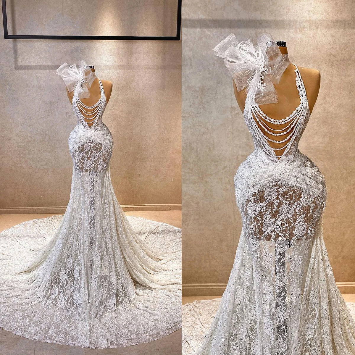 

Gorgeous Mermaid Wedding Dresses High Collar Beading Appliques Lace Bridal Gowns Custom Made Sweep Train Robe De Mariee