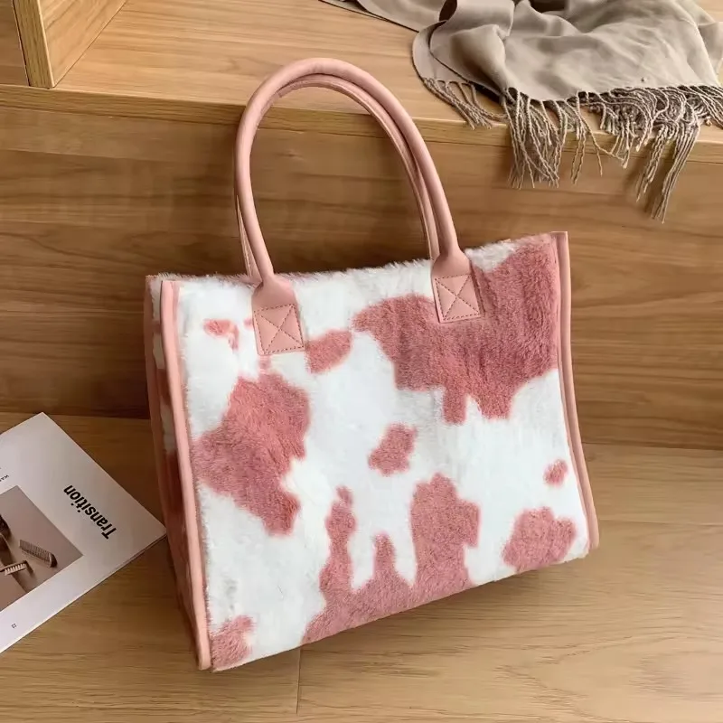 Winter Autumn Faux Fur Leopard Print Designer Shopper Totes Fashion Soft Women Shoulder Bags Large Capacity Handbag